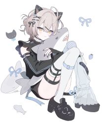 1girl ahoge animal_ears asymmetrical_legwear black_jacket black_nails black_ribbon black_shoes black_sleeves cat_ears cat_girl cat_tail check_copyright closed_mouth copyright_request detached_sleeves full_body grey_hair hair_between_eyes hair_bun hair_intakes hair_ribbon highres holding holding_stuffed_toy jacket leg_warmers mismatched_legwear original panties pantyshot ribbon shikaiq shoes short_hair simple_background single_leg_warmer smile solo stuffed_animal stuffed_shark stuffed_toy tail thigh_strap underwear white_background white_leg_warmers white_panties yellow_eyes