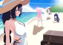 Rule 34 | &lt;|&gt; &lt;|&gt;, 4girls, bare shoulders, beach, bikini, black bikini, black bow, black hair, black wings, blue archive, bow, brown hat, closed mouth, cross, cross earrings, crossed bangs, earrings, feathered wings, from behind, from side, hair bow, hair over one eye, hanako (blue archive), hanako (swimsuit) (blue archive), hat, head wings, highres, hinata (blue archive), hinata (swimsuit) (blue archive), holding, holding paper, jewelry, koharu (blue archive), koharu (swimsuit) (blue archive), long hair, looking at another, low twintails, multiple girls, ocean, official alternate costume, one-piece swimsuit, paper, pink hair, ponytail, red eyes, see-through clothes, see-through shirt, shirt, sidelocks, smile, sun hat, swimsuit, twintails, ui (blue archive), ui (swimsuit) (blue archive), very long hair, white one-piece swimsuit, wings, yabamizawa yamu