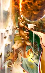 absurdres breath_weapon breathing_fire charizard claws creatures_(company) dragon_wings embers fangs fiery_tail fire flame-tipped_tail flamethrower_(pokemon) game_freak gen_1_pokemon highres hunched_over nintendo no_humans open_mouth pokemon pokemon_(creature) pokemon_focus pokemon_move shiryu0308 sideways solo stadium tail wind wings