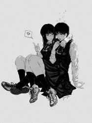 2girls absurdres black_hair chainsaw_man commentary cross_scar dress facial_scar fourth_east_high_school_uniform greyscale heart highres long_hair mitaka_asa monochrome multiple_girls pinafore_dress scar scar_on_cheek scar_on_face scar_on_nose school_uniform sleeveless sleeveless_dress speech_bubble yautja yoru_(chainsaw_man)