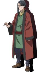 1boy bad_tag belt black_hair boots brown_eyes chest_length_hair looking_at_viewer male_focus orha_(teogonia) ponytail robe serious short_sleeves solo teogonia traditional_clothing utility_pouch