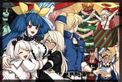 4boys 5girls ahoge blonde_hair blue_eyes blue_hair blunt_ends blush box breasts brown_hair christmas christmas_ornaments christmas_tree collared_shirt colored_inner_hair spiked_halo dark-skinned_female dark_skin dizzy_(guilty_gear) ebi_pri_shrimp elphelt_valentine father-in-law_and_son-in-law father_and_son forehead_protector front_slit gift gift_box gloves grandfather_and_grandson guilty_gear guilty_gear_xrd hair_between_eyes hair_ribbon hair_rings hairband halo hat highres huge_ahoge husband_and_wife jack-o&#039;_valentine ky_kiske large_breasts long_hair long_sleeves mother_and_son multicolored_hair multiple_boys multiple_girls muscular muscular_male necro_(guilty_gear) open_mouth plunging_neckline ramlethal_valentine red_eyes red_gloves red_hair red_headwear ribbon santa_hat shirt short_hair sin_kiske smile sol_badguy spiked_hair spiked_hairband spikes tail tail_ornament tail_ribbon two-tone_hair undine_(guilty_gear) very_long_hair white_hair white_shirt yellow_eyes yellow_ribbon