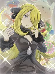 1girl black_coat black_pants blonde_hair coat creatures_(company) cynthia_(pokemon) eyelashes fur-trimmed_coat fur_collar fur_trim game_freak garchomp gastrodon gen_2_pokemon gen_3_pokemon gen_4_pokemon grey_eyes hair_ornament hair_over_one_eye holding holding_poke_ball long_hair long_sleeves milotic nintendo pants parted_lips poke_ball poke_ball_(basic) pokemon pokemon_(creature) pokemon_dppt roserade runachikku solo_focus sparkle spiritomb togetic twitter_username