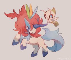 blue_eyes bright_pupils celebi closed_mouth commentary_request dated full_body game_freak gen_2_pokemon gen_5_pokemon grey_background hands_up highres keldeo leels legendary_pokemon mythical_pokemon nintendo no_humans pokemon pokemon_(creature) simple_background smile white_pupils
