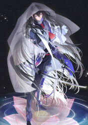1boy armor asymmetrical_legwear beads black_background black_hair black_pants black_shirt blue_eyes blue_rope closed_mouth double-parted_bangs floating_clothes floating_hair floral_print flower from_above full_body gloves grey_gloves grey_sash hair_between_eyes high_collar highres holding holding_sword holding_weapon japanese_armor juzumaru_tsunetsugu kote long_hair looking_at_viewer lotus male_focus necktie pants red_necktie red_rope rope sash see-through_clothes see-through_veil shirt signature single_glove solo standing suneate suzuneko-rin sword tassel touken_ranbu upturned_eyes veil very_long_hair weapon white_veil