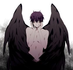 1boy absurdres black_background black_hair black_wings blush brown_eyes closed_mouth completely_nude dance_with_devils fallen_angel head_rest highres male_focus multicolored_background natsumezaka_shiki nude qi7pi short_hair smile solo white_background wings