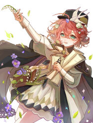 1girl :d absurdres arm_up bag bird_hair_ornament black_hat blue_eyes brown_bag brown_hair coat cowboy_shot dress envelope falling_leaves flower flutterpage hair_flower hair_ornament hat highres holding holding_envelope holding_flower jintian_bu_chi_bingqilin juliet_sleeves leaf lily_of_the_valley long_sleeves low_twintails mailbag neckerchief official_alternate_costume open_mouth paper_roll puffy_sleeves purple_flower reverse:1999 short_hair shoulder_bag smile solo sparkle twintails white_background white_coat white_dress white_flower white_neckerchief