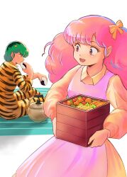 Rule 34 | 1boy, 1girl, animal print, apron, artist name, bodysuit, bow, collared bodysuit, collared dress, commentary request, cone horns, dress, eating, fluffy hair, food, green hair, hair bow, holding, holding food, horns, long hair, looking at another, looking to the side, lunchbox, miz mus, oni, onigiri, open mouth, pink apron, pink eyes, pink hair, pointy ears, print bodysuit, ran (urusei yatsura), rei (urusei yatsura), short hair, sitting, smile, standing, teapot, tiger print, twitter username, urusei yatsura, yellow bow, yellow dress