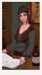 1girl black_hair blunt_bangs book bottle br4eclav chinese_clothes green_eyes highres lips looking_at_viewer moved_by_freedom reading scroll shang_yangshi smile solo