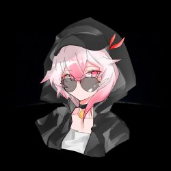 1girl absurdres baseball_cap black_background black_choker black_jacket choker closed_mouth error1980 fu_hua fu_hua_(phoenix) glasses hat highres honkai_(series) honkai_impact_3rd hood hood_up jacket long_hair looking_at_viewer red_eyes shirt simple_background solo upper_body white_hair white_shirt
