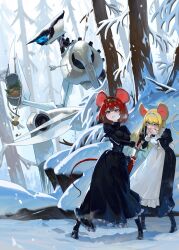 2girls absurdres animal_ears apron arrow_(projectile) black_dress black_footwear blonde_hair blue_eyes commentary corset dress english_commentary fantasy forest frilled_apron frills gemi_ningen hair_intakes headpiece highres holding holding_sword holding_weapon juliet_sleeves long_dress long_sleeves maid maid_apron mouse_ears mouse_girl mouse_tail multiple_girls nature original outdoors petticoat picnic_basket puffy_sleeves ratkin_(rimworld) red_eyes red_hair rimworld robot science_fiction sheath snow sword tail unsheathing weapon white_apron