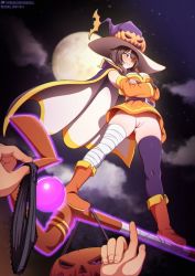 1boy 1girl alternate_color alternate_costume artist_name bare_shoulders belt black_belt black_cape black_gloves black_panties boots breasts broom broom_riding broom_surfing brown_footwear brown_hair cameltoe candy cape cleavage cleft_of_venus clothes_theft crossed_arms detached_sleeves dress food from_below full_moon gloves halloween_bucket hat holding holding_unworn_clothes holding_panties holding_underwear holding_unworn_clothes jack-o&#039;-lantern kono_subarashii_sekai_ni_shukufuku_wo! logo medium_breasts medium_hair megumin moon neocoill night night_sky orange_dress outdoors panties pumpkin purple_headwear pussy single_thighhigh sky staff standing theft thighhighs thumbs_up underwear underwear_theft unworn_panties watermark web_address white_cape witch_hat