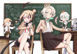 2girls ? absurdres ahoge arrow_(symbol) bandaid bandaid_on_leg bike_shorts black_shorts black_skirt blazer blush_stickers bow bowtie brown_hair brown_jacket brown_skirt cd_usr cecilia_immergreen chair chalkboard chibi coke-bottle_glasses collared_shirt colored_inner_hair commentary cool_s desk doll_joints dress_shirt english_commentary fang feet_out_of_frame gigi_murin glasses green_bow green_bowtie green_eyes green_hair grem_(gigi_murin) grey_hair grin hair_between_eyes hair_bun heart highres holding holding_test_tube hololive hololive_english huge_ahoge jacket joints knee_up lab_coat light_blush long_sleeves looking_at_another multicolored_hair multiple_girls on_chair open_clothes open_jacket open_mouth paper pen pink_eyes plaid_clothes plaid_skirt pleated_skirt puckered_lips school_uniform shirt short_hair shorts single_hair_bun sitting sitting_sideways skirt sleeves_past_fingers sleeves_past_wrists smile tail test_tube tic-tac-toe turing_love two-tone_hair virtual_youtuber white_shirt winding_key