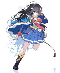 1girl arm_at_side belt belt_buckle black_boots black_hair blue_jacket blue_skirt blush boots buckle closed_mouth commentary_request dagger epaulettes floating_hair full_body fur-trimmed_jacket fur_trim hair_between_eyes hair_ornament hairclip hand_up highres holding holding_dagger holding_knife holding_weapon jacket jacket_on_shoulders kagura_hikari knee_boots knife korean_commentary leg_up light_particles long_hair long_sleeves looking_at_viewer miniskirt multicolored_jacket pleated_skirt red_sash reflection sash shoujo_kageki_revue_starlight shoulder_sash simple_background single_stripe skirt solo sparkle_hair_ornament standing standing_on_one_leg striped_clothes striped_skirt stuffed_animal stuffed_toy tassel teddy_bear two-tone_jacket waist_cape wavy_hair weapon white_background white_jacket yayaho yellow_belt