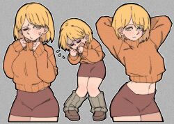 1girl alternate_costume arms_behind_back ashley_graham blonde_hair brown_footwear flying_sweatdrops loose_socks medium_hair miniskirt one_eye_closed open_mouth orange_eyes orange_sweater pantsu-ripper pencil_skirt resident_evil resident_evil_4 resident_evil_4_(remake) shoes skirt socks sweatdrop sweater taut_clothes taut_skirt turtleneck turtleneck_sweater