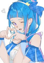 1girl blue_bow blue_hair bow brooch cure_wink detached_collar detached_sleeves four-finger_heart_hands hair_behind_ear hair_bun hairband headset heart heart_brooch heart_hands highres jewelry kimi_to_idol_precure looking_at_viewer lower_teeth_only magical_girl multicolored_hair one_eye_closed open_mouth precure purple_eyes smile teeth two-tone_hair uchuneko_m white_background wrist_cuffs