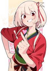 1girl absurdres apron blonde_hair breasts finger_heart grin hair_ribbon hand_on_own_hip hanten_(hantennano) heart highres japanese_clothes kimono lycoris_recoil nishikigi_chisato obi red_eyes red_kimono red_ribbon ribbon sash short_hair smile solo teeth upper_body