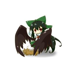1girl bad_id bad_pixiv_id black_hair bow chibi egg eiri_(eirri) female_focus hair_bow highres long_hair nest red_eyes reiuji_utsuho solo touhou white_background wings