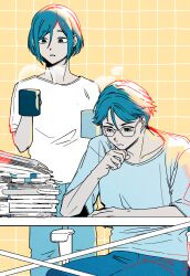 1boy 1girl b1ue_e4rth book book_stack brother_and_sister closed_mouth cowboy_shot cup desk hair_between_eyes hand_on_own_chin highres holding holding_cup kisaragi_ayumi kisaragi_tsutomu limited_palette looking_down mug pants protected_link shirt short_hair short_sleeves siblings sitting spoilers standing toshi_densetsu_kaitai_center yellow_background