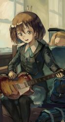 2girls absurdres bag bench brown_eyes brown_hair electric_guitar gibson_les_paul guitar highres hirasawa_yui holding holding_guitar holding_instrument indoors instrument k-on! kornod looking_at_object medium_hair multiple_girls music sakuragaoka_high_school_uniform salute school_bag school_uniform solo_focus tainaka_ritsu two-finger_salute