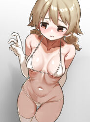 1girl arm_behind_back averting_eyes bent_v bikini blush breasts breasts_apart collarbone covered_erect_nipples drill_hair elbow_gloves gloves groin halterneck highres idolmaster idolmaster_cinderella_girls light_brown_hair medium_breasts morikubo_nono navel niboshi_gyunyu ribs solo stomach string_bikini swimsuit thighhighs v white_bikini white_gloves white_thighhighs