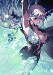 1girl alternate_costume arm_up armpits artist_name black_dress blonde_hair blue_eyes breasts chronopattern_dress closed_mouth commentary_request crown_of_thorns dress duplicate film_grain fleurdelys_(wuthering_waves) floating_hair heavy_film_grain holding holding_sword holding_weapon horns jewelry large_breasts long_hair looking_at_viewer meme_attire necklace pointy_ears single_horn solo sword tacet_mark_(wuthering_waves) very_long_hair weapon wuthering_waves yellow_horns yongo_(ssaa9675)