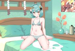 Rule 34 | 1girl, absurdres, bandaid, bandaid on face, barefoot, bed, bed sheet, belly, blush, bow, bra, closed mouth, commission, feet, hair bow, hair ornament, hair ribbon, hairclip, highres, inami yoki, indie virtual youtuber, indoors, kiniro tofu, looking at viewer, navel, on bed, panties, pillow, ribbon, short hair, skull, smile, solo, sriped panties, striped bra, striped clothes, thick eyebrows, toes, underwear, underwear only, virtual youtuber