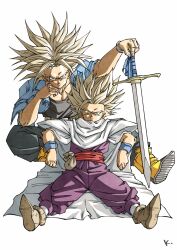 Rule 34 | 2boys, black pants, black shirt, blonde hair, blue jacket, cape, denim, denim jacket, dougi, dragon ball, dragonball z, green eyes, highres, holding, holding sword, holding weapon, jacket, kakeru (dbskakeru), male focus, medium hair, multiple boys, muscular, muscular male, pants, purple pants, purple shirt, shirt, simple background, son gohan, spiked hair, super saiyan, super saiyan 1, super saiyan 2, sword, trunks (dragon ball), trunks (future) (dragon ball), weapon, white background, white cape