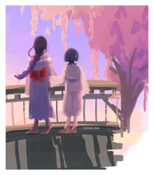 1boy 1girl arms_at_sides black_hair blunt_ends bow cherry_blossoms clothes_grab facing_away from_behind genshin_impact gradient_hair height_difference highres japanese_clothes kariginu kimono large_bow long_hair long_sleeves low-braided_long_hair low-tied_long_hair mother_and_son multicolored_hair outdoors painterly pelvic_curtain purple_hair purple_kimono purple_skirt purple_sleeves raiden_shogun railing red_bow scaramouche_(genshin_impact) scaramouche_(kabukimono)_(genshin_impact) shomo_uwu single_off_shoulder skirt sleeve_grab standing tree twitter_username white_sleeves