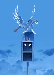 angel angel_wings black_hair blue_pants blue_sky cloud feathered_wings from_behind halo highres holding_halo original pants pedestrian_lights rido_(ridograph) shirt short_hair sky solo white_shirt wings