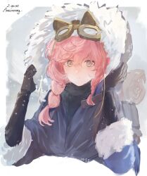 Rule 34 | 1girl, absurdres, backpack, bag, black gloves, coat, cropped torso, fur-trimmed hood, fur trim, gloves, goggles, goggles on head, grey background, grey eyes, hand on headwear, hands up, highres, hood, hood up, long hair, nautika (reverse:1999), nishiyos, parted lips, pink hair, purple coat, reverse:1999, solo, upper body, white background