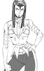 1girl apple972 contrapposto dreadlocks ermes_costello female_focus greyscale hand_on_own_hip inzup jojo_no_kimyou_na_bouken looking_to_the_side monochrome scar solo standing turtleneck