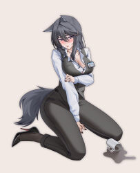 1girl :p absurdres alter_kamerade animal_ears arknights arm_under_breasts black_hair black_nails black_pants black_pantyhose black_shoes black_tail black_vest blush breasts character_name chinese_commentary closed_mouth collarbone commentary_request cup fingernails full_body grey_background hair_between_eyes hair_intakes hand_on_own_arm high_heels highres inset jewelry large_breasts long_hair long_sleeves looking_at_viewer mug multicolored_eyes nail_polish official_art_inset pants pantyhose partial_commentary purple_eyes ring shirt shoes simple_background sitting solo spill tail texas_(arknights) tongue tongue_out two-tone_eyes variant_set vest wariza white_shirt wolf_ears wolf_girl wolf_tail yellow_eyes