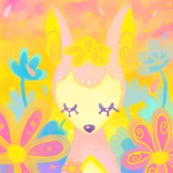 animal_focus closed_eyes colorful commentary crayonchewer deer deerling deerling_(spring) english_commentary facing_viewer flower gen_5_pokemon long_eyelashes nintendo no_humans petals pokemon pokemon_(creature) solo