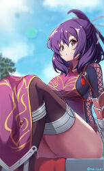1girl absurdres ao_no_kiseki assassin breasts eiyuu_densetsu falcom from_below hair_ribbon hajimari_no_kiseki highres kuro_no_kiseki_(series) kuro_no_kiseki_i large_breasts looking_at_viewer medium_hair naisu_(nai_su01) purple_eyes purple_hair revealing_clothes ribbon rixia_mao sen_no_kiseki_(series) sen_no_kiseki_i sitting sky sun thick_thighs thighs zero_no_kiseki