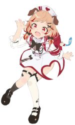 1girl :d animal_ears arm_up backpack bag black_bow black_garter_straps blush bow brown_hair dog_ears dog_girl fang floppy_ears full_body garter_straps gradient_hair hair_ornament hat highres looking_at_viewer multicolored_hair nanashi_inc. nurse_cap o-ring open_mouth randoseru red_eyes red_hair safety_pin see-through_cleavage see-through_clothes see-through_sleeves seshima_rui shirana_tamana shirt shoes skirt smile solo thigh_strap thighhighs two-tone_hair virtual_youtuber white_background x_hair_ornament