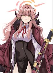 1girl aru_(blue_archive) black_skirt blue_archive breasts buttons cape closed_mouth coat collared_shirt commentary_request cowboy_shot demon_horns evil_smile fur-trimmed_coat fur-trimmed_sleeves fur_trim gun h&amp;k_psg1 hair_between_eyes halo high-waist_skirt highres holding holding_gun holding_weapon horns large_breasts long_hair long_sleeves looking_at_viewer neck_ribbon open_clothes open_coat pink_hair pink_halo puffy_long_sleeves puffy_sleeves red_cape red_ribbon ribbon rifle sama_8_sm shaded_face shirt sidelocks simple_background skirt smile sniper_rifle solo standing wavy_hair weapon white_background yellow_eyes