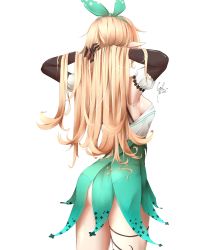 1girl alternate_breast_size ass black_gloves breasts commentary dated elbow_gloves english_commentary from_behind gloves green_hairband green_ribbon green_skirt hair_ribbon hairband hands_in_hair high-waist_skirt highres holding holding_own_hair long_hair medium_breasts nijisanji nijisanji_en pointy_ears pomu_rainpuff ribbon sideboob signature skirt solo syxh thigh_strap virtual_youtuber white_background