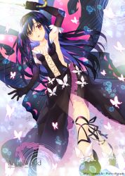 10s 1girl accel_world antenna_hair bad_id bad_pixiv_id bare_shoulders black_hair blush bug butterfly butterfly_wings commentary_request copyright_name dress elbow_gloves female_focus full_body gloves insect insect_wings kuroyukihime long_hair navel open_mouth red_eyes solo trianon wings