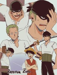 2boys bandana black_bandana black_hair black_pants character_name clenched_teeth commentary crossed_arms earrings haramaki hat highres holding holding_sword holding_weapon jewelry monkey_d._luffy multiple_boys multiple_views one_piece only_op2024 open_mouth pants red_shirt roronoa_zoro shirt short_hair simple_background straw_hat sweatdrop sword symbol-only_commentary t-shirt teeth weapon white_background white_shirt