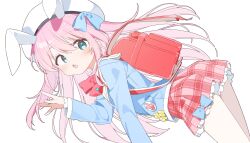 1girl :o absurdres animal_ears backpack bag beret blue_bow blue_jacket bow bow_skirt bowtie commentary_request extra_ears fang green_eyes hair_bow hand_up hat highres jacket long_hair long_sleeves looking_at_viewer open_mouth original pink_hair pink_skirt plaid_clothes plaid_skirt pleated_skirt rabbit_ears randoseru red_bag red_bow red_bowtie skin_fang skirt solo urotsuki_(ku9625) very_long_hair white_background white_hat