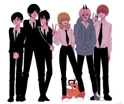 2girls 4boys :d black_eyes black_hair black_jacket black_necktie black_pants blonde_hair blue_eyes blue_hoodie business_suit cat chainsaw_man collared_shirt cross-shaped_pupils denji_(chainsaw_man) drawstring eyepatch fangs formal_clothes genderswap genderswap_(ftm) genderswap_(mtf) grin hands_in_pockets hayakawa_aki higashiyama_kobeni highres himeno_(chainsaw_man) hood hood_down hoodie jacket long_sleeves makima_(chainsaw_man) meowy_(chainsaw_man) mole mole_under_mouth mouse_(animal) multiple_boys multiple_girls necktie open_mouth orange_eyes pants pink_hair pochita_(chainsaw_man) ponytail power_(chainsaw_man) ringed_eyes shirt short_hair short_twintails simple_background smile suit symbol-shaped_pupils teeth tongue tongue_out twintails upper_teeth_only v white_background white_shirt yellow_eyes yuzuha_takamura