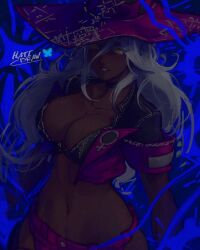 1girl black_skin breasts cleavage colored_skin dark-skinned_female dark_skin elden_ring elden_ring_nightreign hat hatidraw highres jacket large_breasts large_hat long_hair looking_at_viewer navel recluse_(elden_ring) solo white_hair witch witch_hat yellow_eyes
