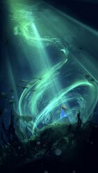 1girl blue_dress dress fish full_body hair_flowing_over kelp lens_flare long_hair original outstretched_arms painterly red_hair rock scenery standing subsurface_scattering swirl underwater zandra