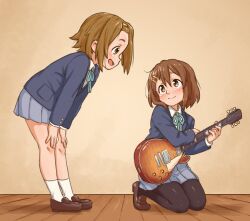 2girls beachepisode black_pantyhose blue_skirt blush closed_mouth electric_guitar female_focus flower forehead full_body gibson_les_paul guitar hair_between_eyes hair_ornament hairclip hands_on_own_knees headband highres holding holding_guitar holding_instrument indoors instrument jacket k-on! kneeling long_sleeves looking_at_another multiple_girls open_mouth pantyhose sakuragaoka_high_school_uniform school_uniform shirt shoes short_hair skirt smile socks source_request standing white_shirt white_socks yellow_headband