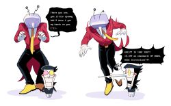 Rule 34 | 2boys, absurdres, ant tenna, ardumon0, black hair, black pants, black shirt, claw pose, commentary, crt, deltarune, english commentary, english text, full body, gloves, highres, male focus, multiple boys, multiple views, necktie, object head, pants, pointy nose, shadow, shirt, shoes, short hair, size difference, spamton g. spamton, speech bubble, tailcoat, teeth, tripping, white background, white gloves, white pants, yellow necktie, yellow shoes