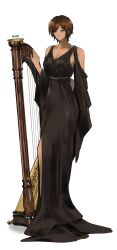 1girl absurdres alternate_costume black_dress brown_hair dark-skinned_female dark_skin dress english_text full_body harp highres instrument limbus_company naughty_0b orange_eyes outis_(project_moon) project_moon simple_background solo white_background