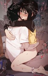 1boy 1girl @_@ beer_can black_eyes black_hair blush can drink_can gsusart hetero highres motion_blur motion_lines nakahara_misaki nhk_ni_youkoso! open_mouth panties panties_around_one_ankle saliva sex shirt short_hair short_sleeves sweat t-shirt thighs underwear white_panties white_shirt