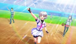 4girls :d arm_up arms_up asahina_iroha baseball_glove baseball_stadium baseball_uniform belt belt_buckle bike_shorts_under_skirt black_belt black_gloves black_hair black_pantyhose black_shorts black_socks black_undershirt blue_shirt blurry bow buckle cinderella_series clenched_hands depth_of_field dutch_angle emphasis_lines film_grain fingerless_gloves game_cg gloves grey_pants hachigatsu_no_cinderella_nine hair_bow hair_ornament hairclip highres kawakita_tomoe light_particles light_rays multiple_girls neckerchief non-web_source official_art open_mouth outdoors pants pantyhose pink_neckerchief pleated_skirt red_bow red_skirt running satogahama_baseball_uniform shirt shirt_under_shirt short_hair short_sleeves shorts skirt smile socks solo_focus sportswear standing standing_on_one_leg striped_belt striped_clothes striped_shirt sunbeam sunlight umpire v-shaped_eyebrows vertical-striped_clothes vertical-striped_shirt white_hair wristband yellow_eyes