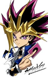 Rule 34 | black hair, blonde hair, card, chain, highres, holding, holding card, kasanashiameari, looking at viewer, medium hair, multicolored hair, purple eyes, purple hair, signature, simple background, smile, spiked hair, trading card, twitter username, upper body, white background, yami yugi, yu-gi-oh!, yu-gi-oh! duel monsters